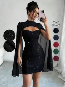 Spring & Fall Fashion Sexy Mini Bodycon Dress, Shawl Mesh Design, Cape Sleeves, Sparkling Sequins, Trendy Party Gown