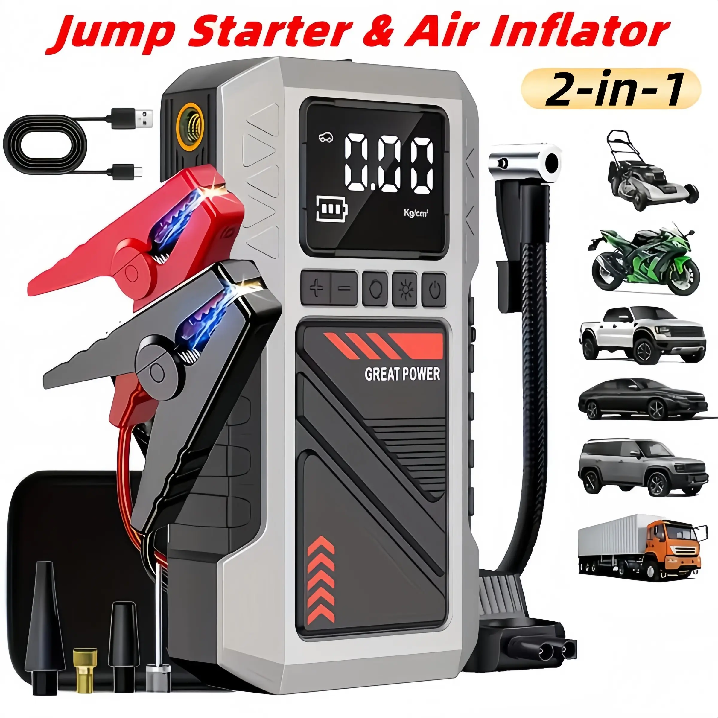 car emergency starter, Tire inflator, 2-in-1 car repair kit (180 psi air compressor and 8000A car starting power supply), 12V/24V battery booster, equipped with intelligent crocodile clips and inflation accessories, car emergency rescue tool