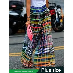 Plus-size color-checkered print wide-leg pants, casual and comfortable trousers, suitable for all seasons