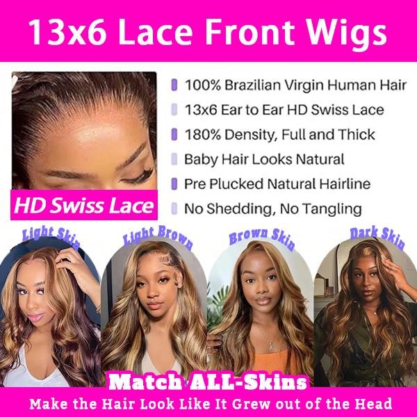 【30 Inch Only $89】Anyweek Honey Blonde Ombre Lace Front Wig Human Hair Highlight Body Wave 13x6 Lace Front Wigs Pre Plucked 180 Density Glueless HD Lace Frontal Wig for Women 4/27 Colored