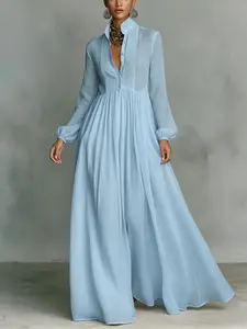 Women's Long Tunic Dress 2026 Summer Elegant Stand Collar Deep V Waist Defined