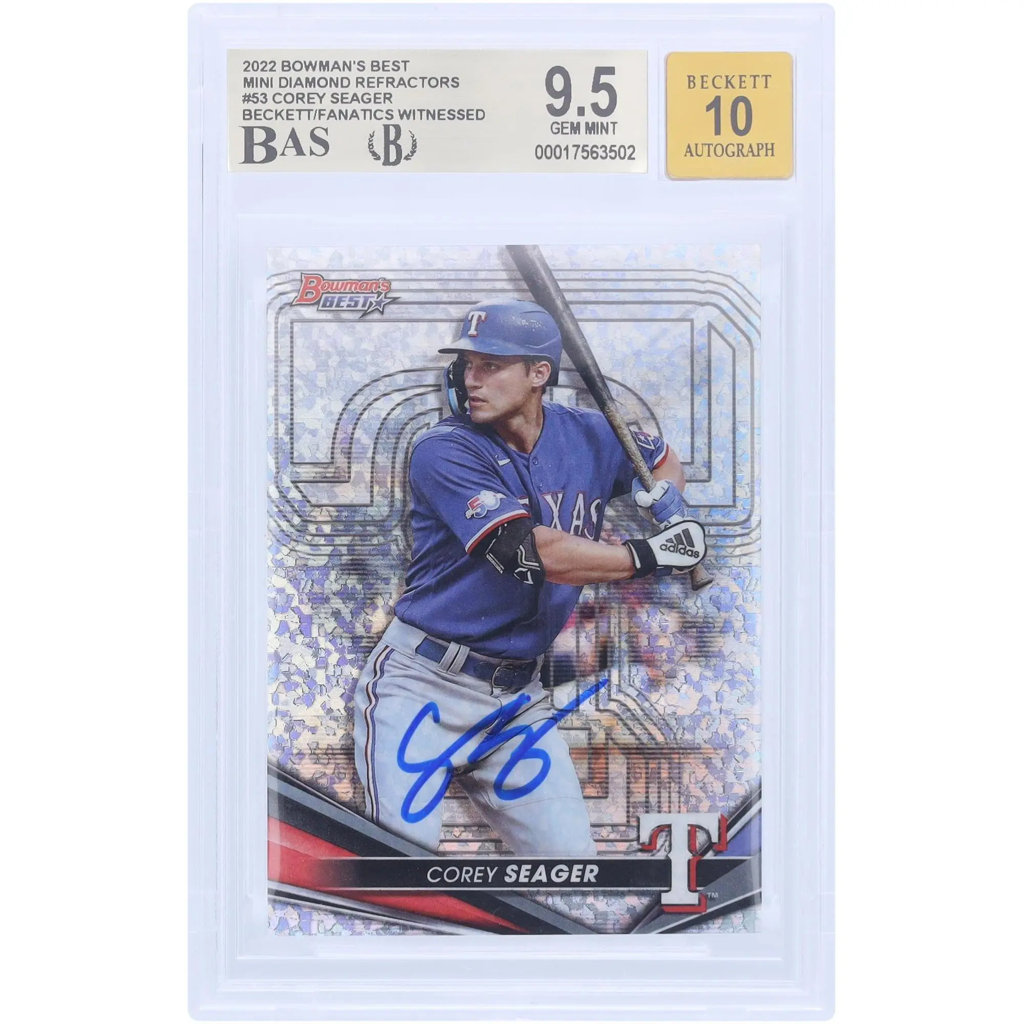 Corey Seager Texas Rangers Autographed 2022 Bowman Best Mini Diamond Refractor #53 #/299 Beckett Fanatics Witnessed Authenticated 9.5/10 Card - Fanatics Authentic Certified