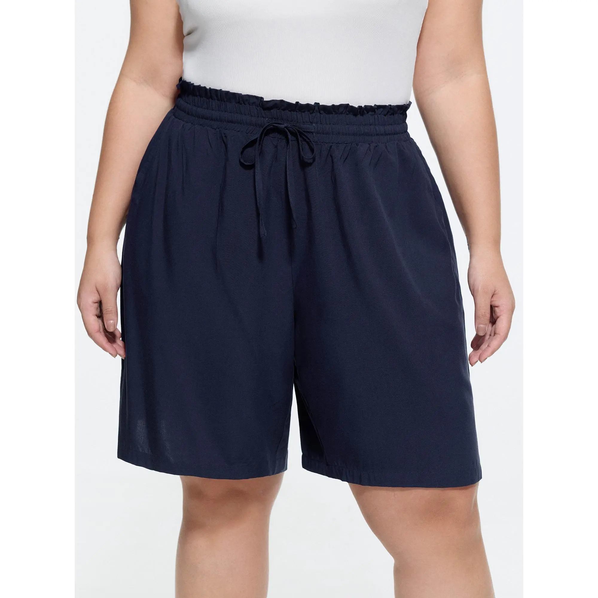 BloomChic Women's Plus Size Solid Rayon Shorts - Basic Casual Relaxed-Fit with Mid Rise Drawstring Waist, Lace-Up Detail and Pockets, Bottom, Drawstring Shorts, 100% Rayon, 18-20/2X, Cold Wash, Cropped Garment, Do Not Dry Clean, Above Knee Shorts