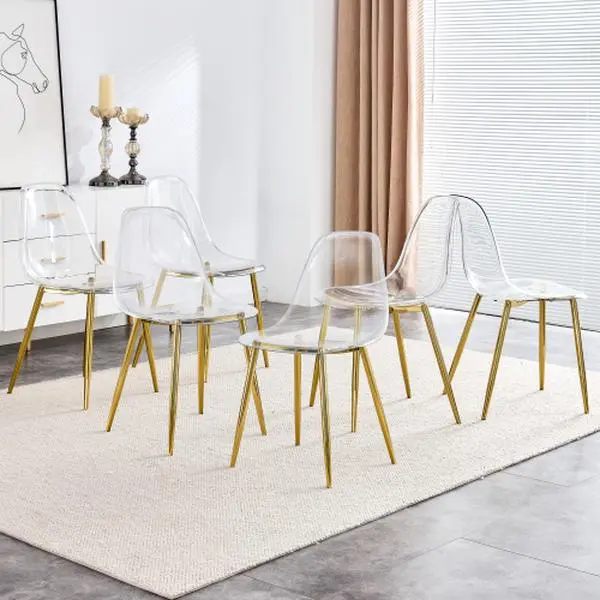 Bellemave 6-Piece Armless Legged Chair Set - Modern Minimalist Crystal Accent Chairs, Transparent Plastic, Metal Legs, Compact, Curved Back, Stackable, Easy Assembly for Dining, Makeup Use, Modern Accent Chair