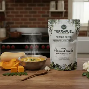 TERRAFUEL Butternut Bisque Soup - Creamy butternut bisque with a warm curry spice  blend and a hearty lentil, cauliflower rice base. Rich, nourishing, and ready in minutes.