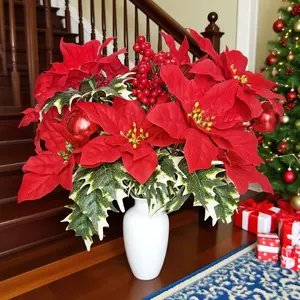 6 Pack Artificial Christmas Flowers, Wintergreen Berry Stems, Berries, Holly Leaves, Indoor Outdoor Holiday Decorations