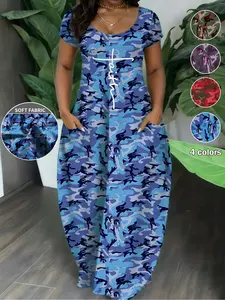 Plus Size Women's Camouflage Letter Print Dress, Loose Fit with Pockets, Short Sleeve, Vintage Casual Style, Casual Wear, Womenswear, 4 Colors Available