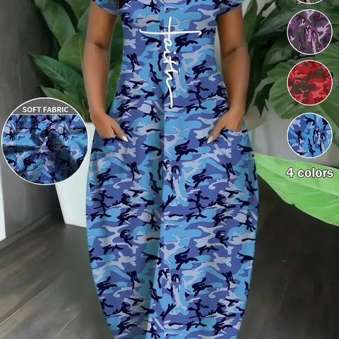 Plus Size Women's Camouflage & Letter Print Sundress with Pockets, Loose-Fit Short Sleeve Dress, Vintage Style Casual Wear, Womenswear, 4 Colors Available