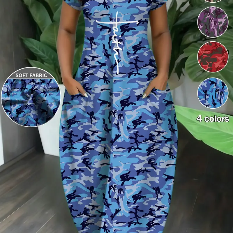 Plus Size Women's Camouflage & Letter Print Sundress with Pockets, Loose-Fit Short Sleeve Dress, Vintage Style Casual Wear, Womenswear, 4 Colors Available