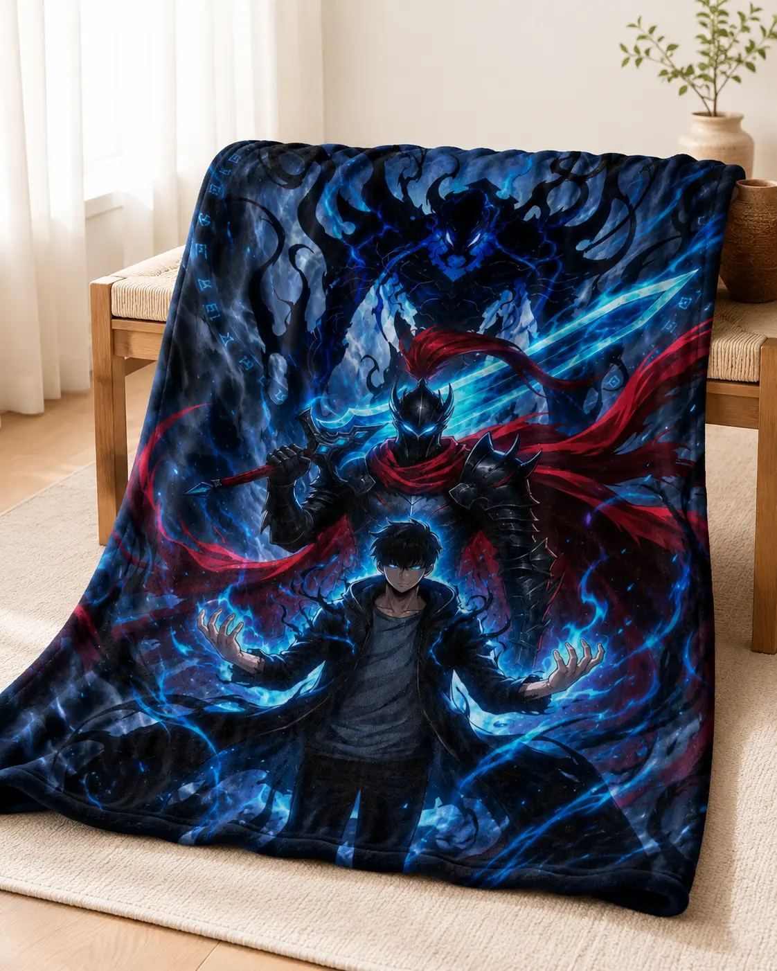 Solo Leveling Sung Jin-Woo Shadow Monarch Flannel Blanket, Igris Shadow Army Anime Throw Blanket, Soft Plush Blanket for Bedroom Sofa, Gift for Solo Leveling Fans