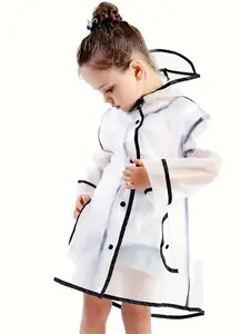 Kids Transparent Raincoat with Cat-Ear Hood Cute Waterproof PVC Rain Jacket for Girls & Boys Black Trim Windproof Design Toddler Rainwear for Outdoor Play TikTok Viral Kids Fashion Protect Rainy Days Fun Playground Photoshoots