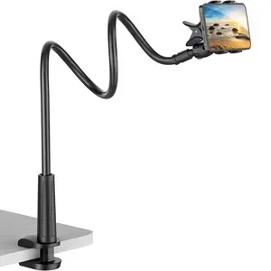 360 Degree Long Neck Phone Holder°     Suitable for desktop and bedside use, rotating flexible gooseneck stand with reinforced base, soft silicone clamp can adapt to smartphones up to 10cm inches in width