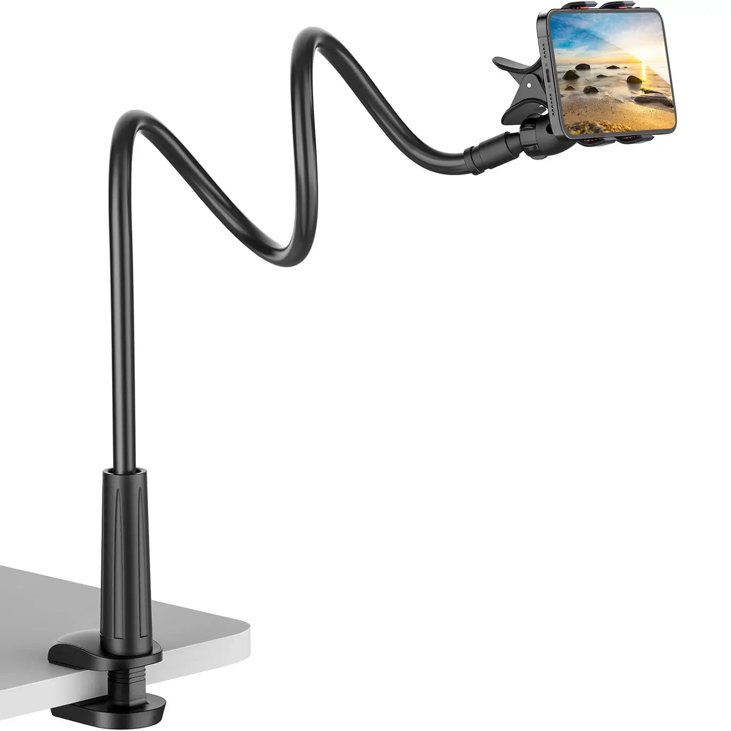 Long Neck Phone Holder – 360° Rotating Flexible Gooseneck for Desktop and Bedside, Reinforced Base, Soft Silicone Clip Fits Smartphones up to 10cm Wid
