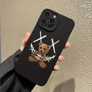 Dark Aesthetic Teddy Bear Tuff Phone Case for iPhone 11 12 13 Mini 14 15 Plus 16 E 17 Pro Max Plus E, Y2K Streetwear Cross Eyes Bear Shockproof Protective Cover
