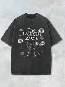 Vintage Washed Sci-Fi Print T-Shirt, Loose Fit Streetwear Top, Y2K Men's Casual Short Sleeve, Retro Punk Style Daily Wear