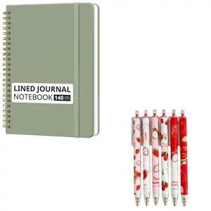 2-Piece Set 6-Pack 0.5mm Strawberry Gel Pens, Smooth Writing, Diary Learning Drawing, A5 Spiral Notebook, 140 Pages, Unisex, Gift Idea