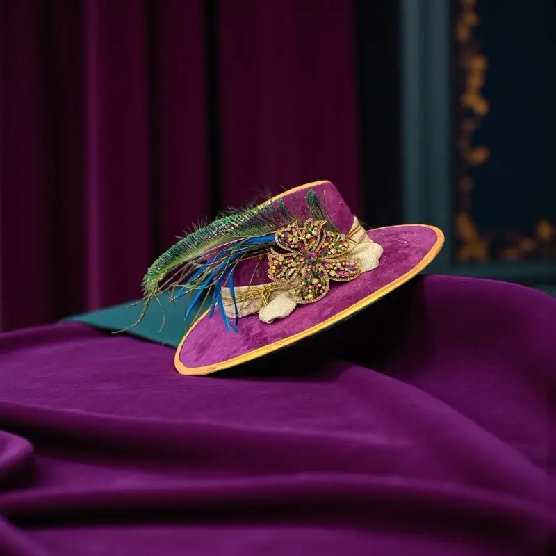 Rusty Peacock Hats Royal Radiance Handcrafted Statement Hat with Deep Violet Felt Gold Trim Jeweled Bloom & Peacock Feather Accents