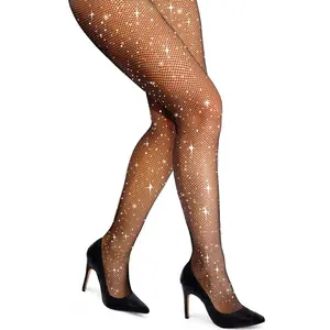 Sparkly Rhinestone Fishnet Stockings for Women, Ultra Strong No Snag Fish Net Tights Sexy Rave Party Concert Outfit