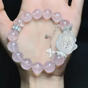 Natural Rose Quartz Nine-Tailed Fox Bracelet Original Design White Crystal Beaded Micro-Inlaid Color-Retaining Accessory for Attracting Love