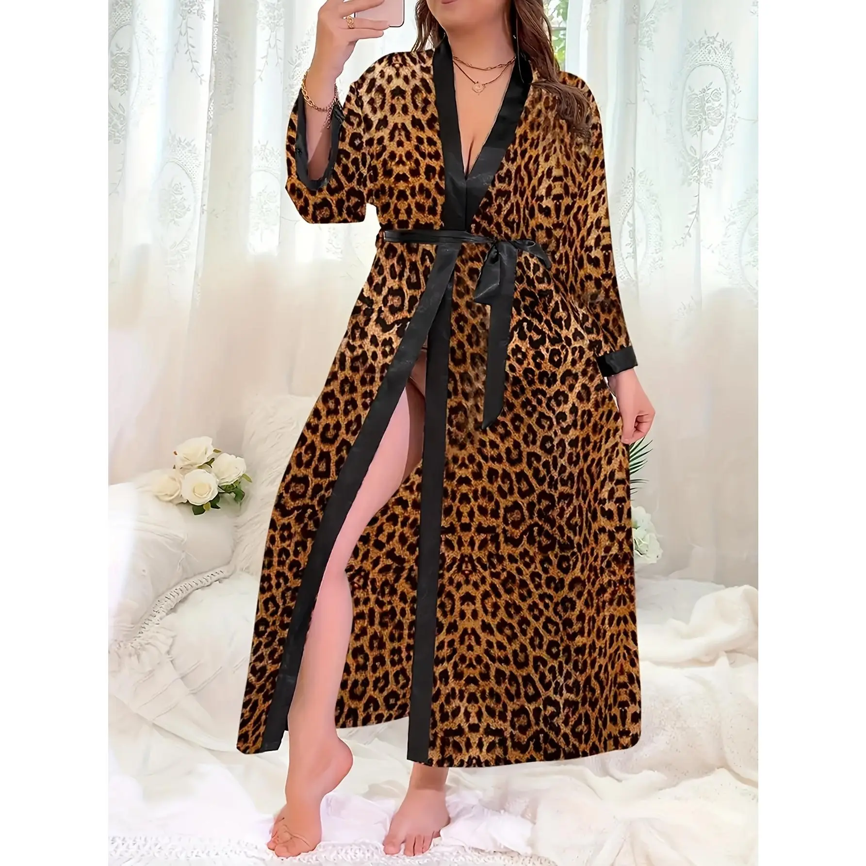 Women'S Plus Size Vintage Leopard Print Kimono Cardigan - Sexy Mid-Length Kimono Robe with Tie Waist, Open Front Beach Coverup for Summer