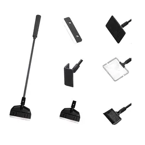 This 5-in-1 aquarium cleaning tool kit features an adjustable long handle and includes a fish tank cleaner, algae scraper, flat scrubber, right-angle scrubber, gravel rake, net, and algae scraper.
