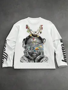 Men's Two-Piece Long Sleeve T-Shirt, Slim-Fitting Short Style, Fun Graffiti Design, Fashion Casual Streetwear, Perfect Gift Choice, Menswear