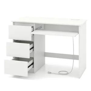 COSTWAY - Computer Desk with Power Outlet Keyboard Tray and 3 Large Drawers-White