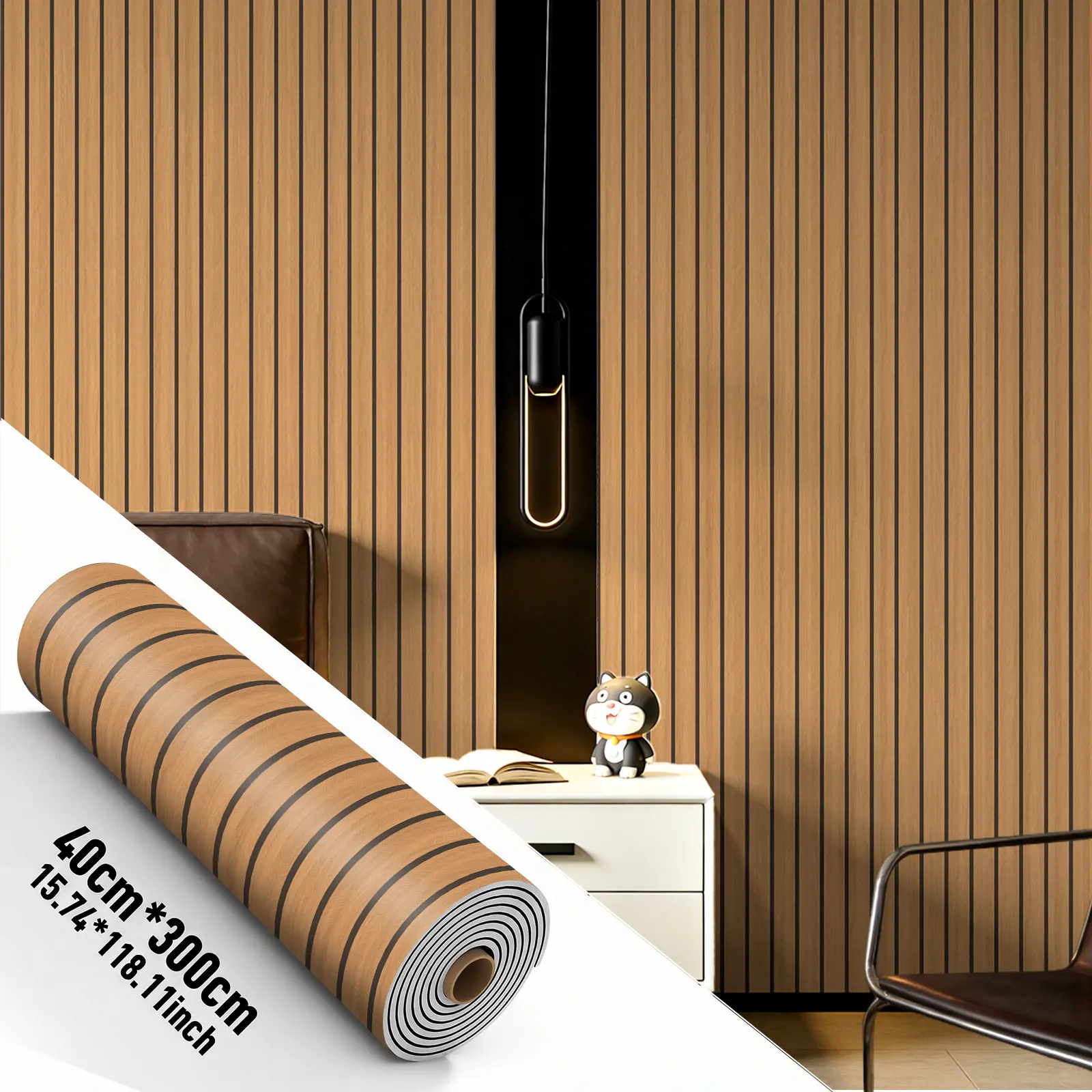 Auto-Adhesive Peel and Stick Wood Slat Wallpaper Roll - Renter-Friendly Temporary Wall Covering, Waterproof, Sound Reducing, Anti-Static, Textured Matte Wood Grain, Easy Clean & Install, for Quick DIY Refresh, Accent Walls, Ceilings