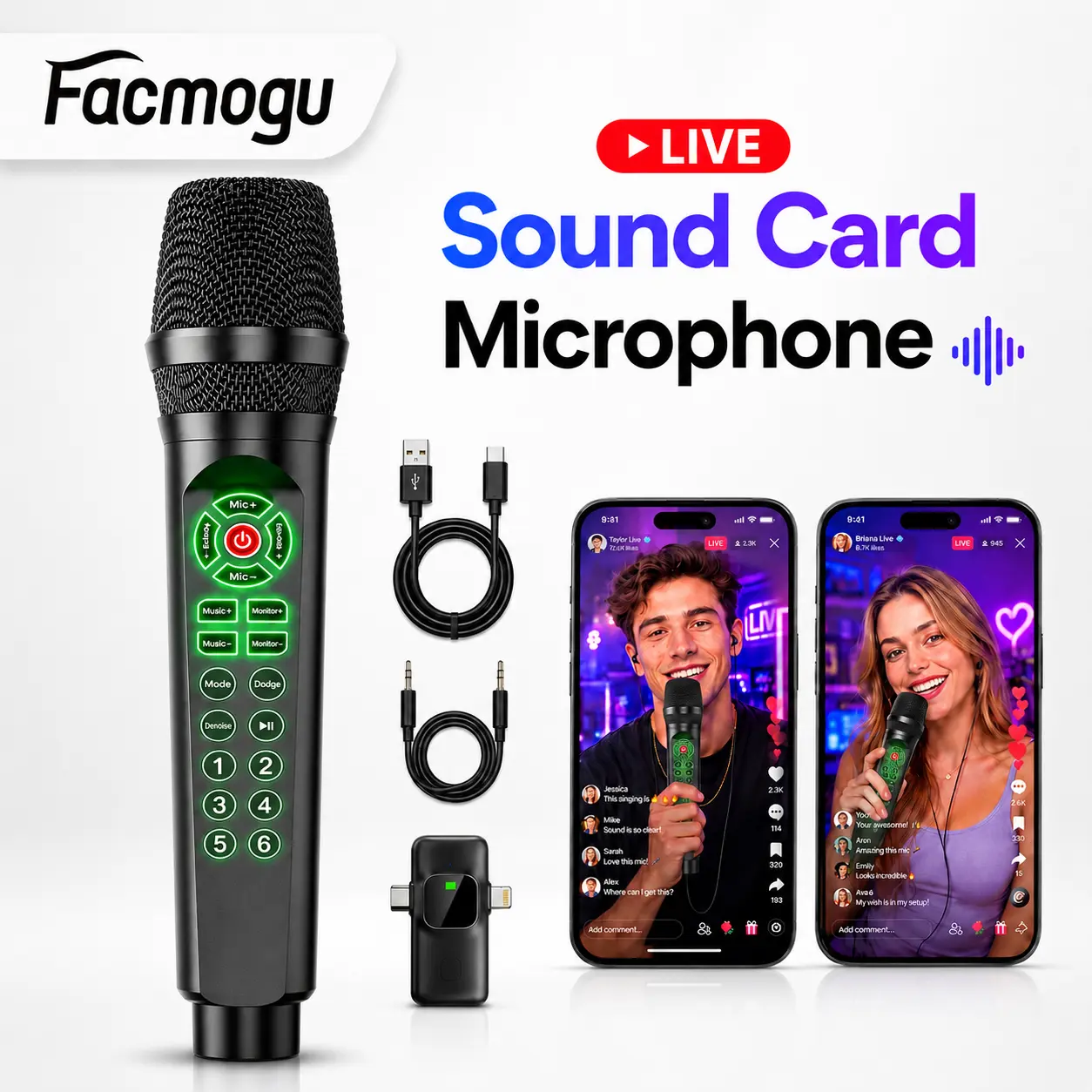 [Facmogu]2-in-1 Handheld Live Sound Card Microphone for Phone, PC & Xbox Streaming, Voice Changer, Noise Reduction, DJ Mixer, Requires Connected Device for Recording, Gaming, YouTube & TikTok
