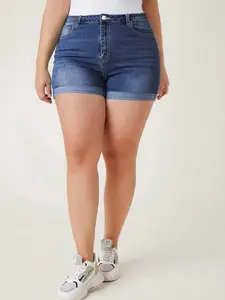 Plus Size Women's Elastic Washed Casual Fashion Straight Leg Denim Shorts, Stretch Fabric, All Seasons Wear, Perfect for Dates
