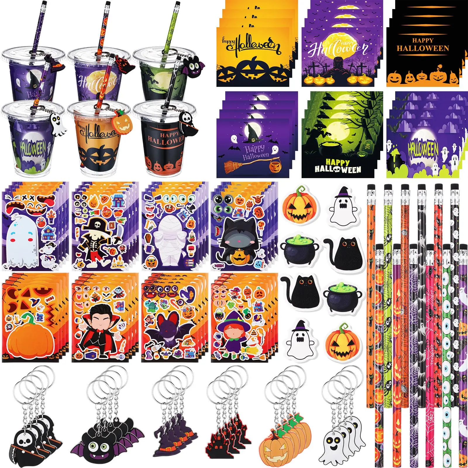 24 Set Halloween Gifts Party Favors for Class Cups Filler Trick or Treat Party Supplies include Goody Cups Pencil Keychain Sticker Eraser or Silicone Bracelet Card or Stickers for Students Girls Boys for Fall Spooky Themed Parties Gifts Prizes Rewards