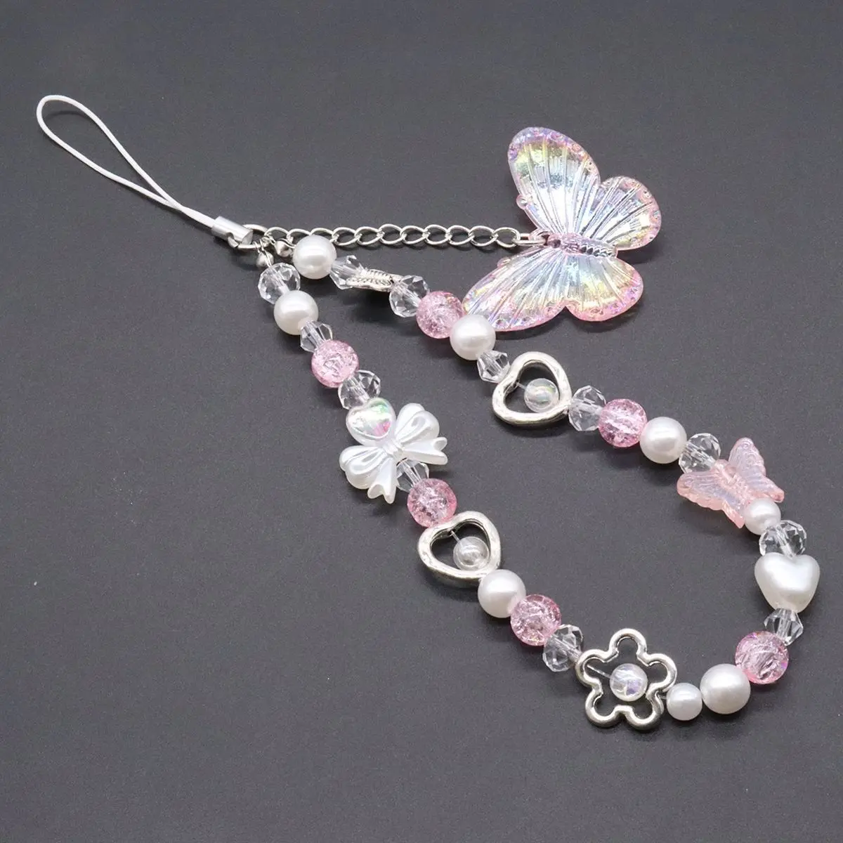 Women's Y2K Sparkly Butterfly Beaded Phone Charm Strap - Elegant Pearl Crystal Bead Cell Phone Lanyard, 4-Color Handmade Fashion Accessory Gift
