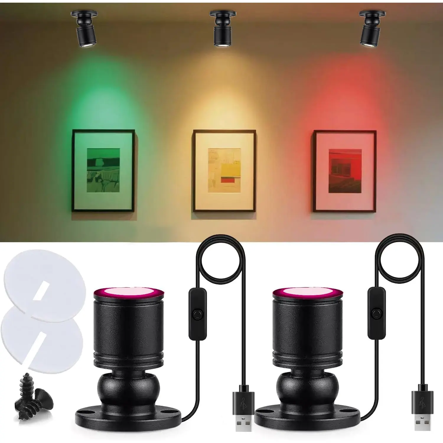 USB Powered Mini Spotlights for Displays 2-Pack – 5V Small LED Spot Lights Indoor, 7 Color Options, Compact USB Spotlight for Display Cases, Shelves, Cabinets, and Artwork (2PACK Purple)