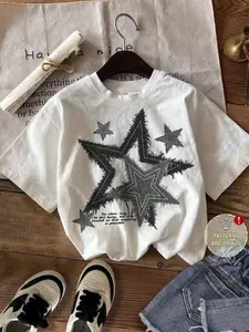 Women's Star Print Round Neck Crewneck T-Shirt, Casual Fashionable Top, Fashion Casual Vintage Fitted Short Sleeve Tee for Summer, Perfect for Daily Wear and Outings