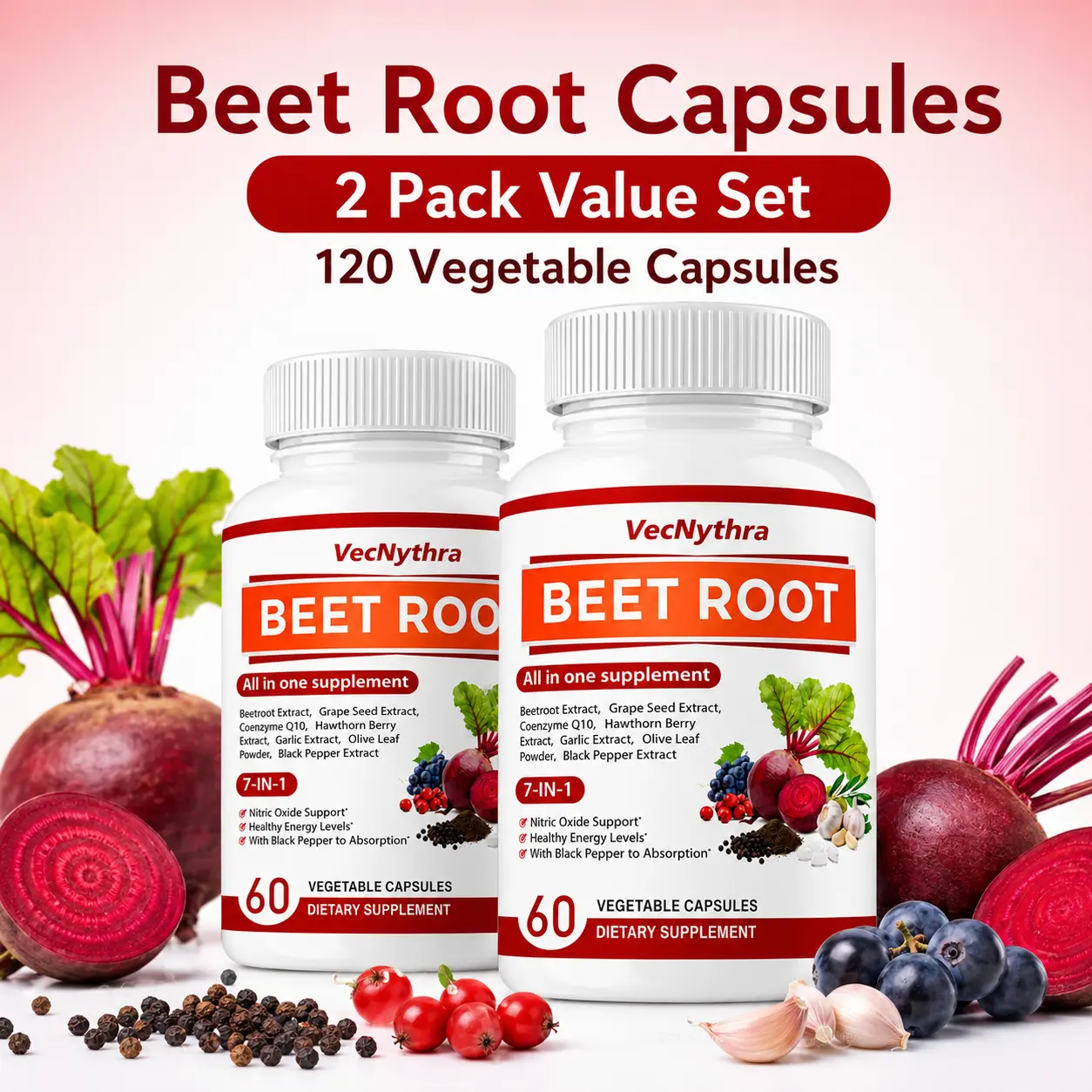 VecNythra Beet Root Extract 1000mg Per Serving with CoQ10 & Grape Seed Extract, 7-in-1 Formula, 120 Vegetable Capsules, 2-Pack
