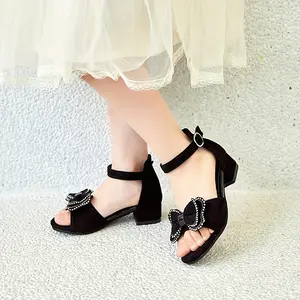 Girls' Summer Fashion High Heel Sandals, Diamond Pattern PU Upper with Hook-and-loop Fastener Closure, Rubber Sole, Low Top Princess Dance Shoes for Youngsters, Special Occasion Shoes |           Decorative Bow Shoes |           Rubber Sole Shoes, Girls S