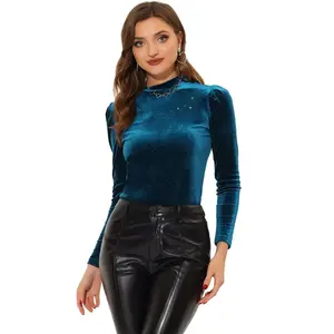 INSPIRE CHIC Women's Metallic Velvet Puff Long Sleeve Mock Neck Glitter T-shirt Peacock Blue Medium