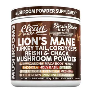 Clean Nutra Lion’s Mane, Turkey Tail, Cordyceps, Reishi & Chaga, Mushroom Powder for Cognitive & Wellness - BrainBloom