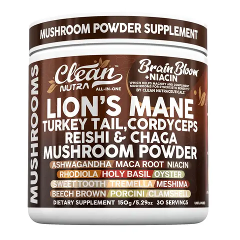 Clean Nutra Lion’s Mane, Turkey Tail, Cordyceps, Reishi & Chaga, Mushroom Powder for Cognitive & Wellness - BrainBloom