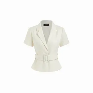 Cider Collar Short Sleeve Peplum Belted Blazer With Shoulder Pads