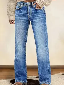 Men's Low Elastic Blue Straight Jeans, Casual Fitted Denim Jeans, Vintage Style, Natural Waist, All Seasons, Basic & Versatile, Light Wash Jeans