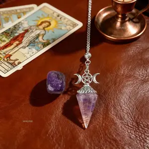 Amethyst Divination Pendulum, 2-Piece Conical Crystal Set with Pentagram & Triple Moon Charms, Natural Stone Witchcraft Jewelry Necklace