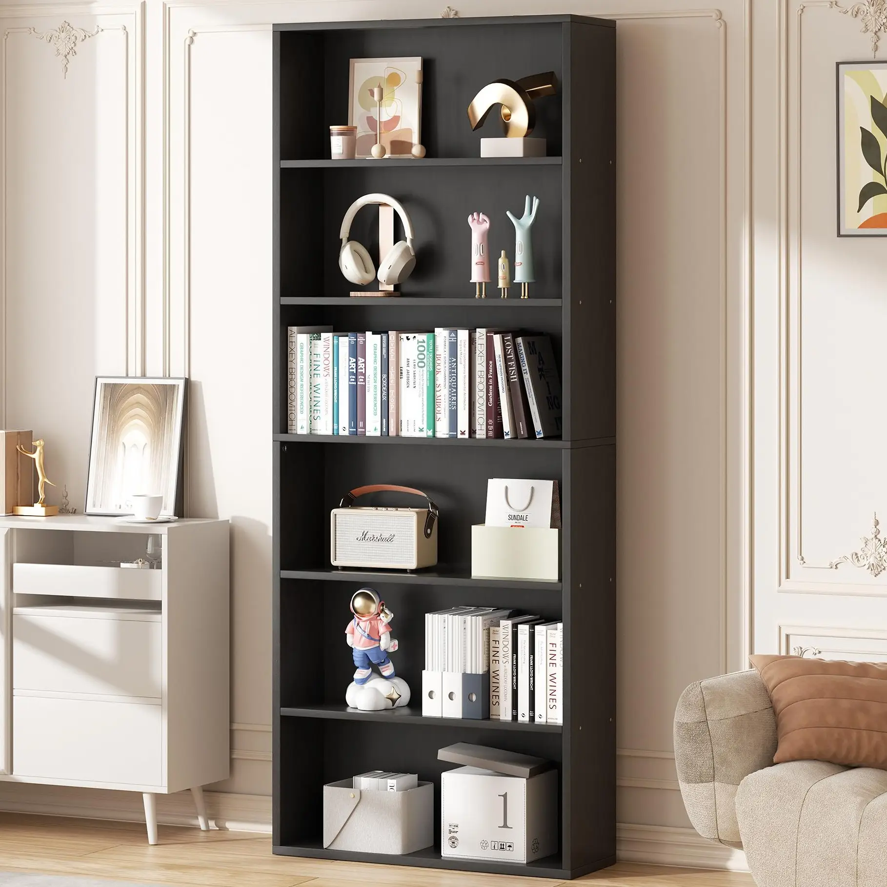 Walsunny 70'' Black Bookcases Floor Standing 6-Tiers Display Storage Shelves Tall Bookcase for Office Freestanding Industrial Ladder Organize Modern D