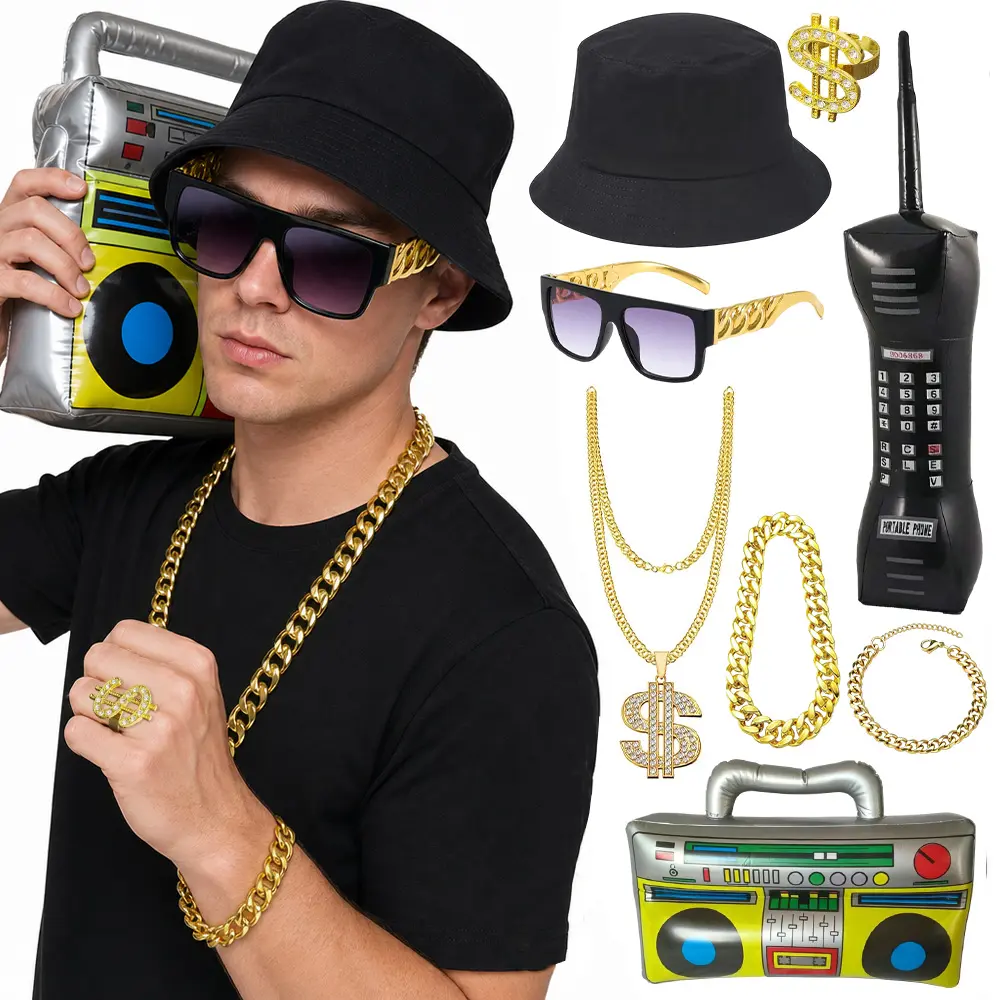 8 Pcs Hip Hop Costume Kit 80s 90s Rapper Accessories for Men Women Inflatable Radio Box Necklace Ring Sunglasses Hat