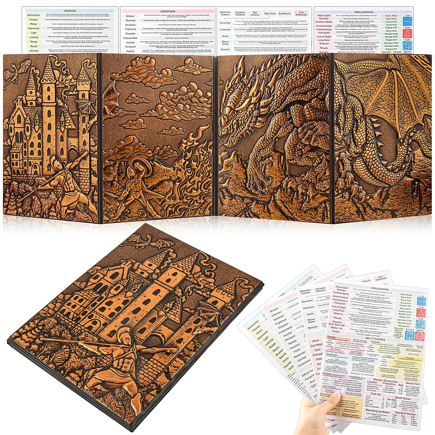 4 Panel 3D Embossed Dragon Castle Dungeon Master Screen, Waterproof PU Leather Foldable GM Privacy Screen, Comes with Full DND 5e Combat Spell Ability Reference Cheat Sheets, Tabletop Role Playing Game Accessory for D&D, Pathfinder TRPG