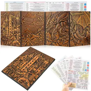 4 Panel 3D Embossed Dragon Castle Dungeon Master Screen, Waterproof PU Leather Foldable GM Privacy Screen, Comes with Full DND 5e Combat Spell Ability Reference Cheat Sheets, Tabletop Role Playing Game Accessory for D&D, Pathfinder TRPG