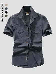 Men's Tactical Short Sleeve Shirt, Summer Casual Fitted Workwear, Multi-Pocket Collared Military Style, Breathable Outdoor Clothing