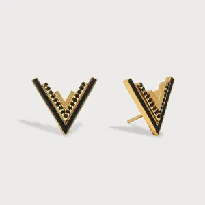 Valor Earrings - Onyx & Black Enamel Gold-Tone V-Shape Studs for Stylish Accessories Unisex Modern Geometric Jewelry