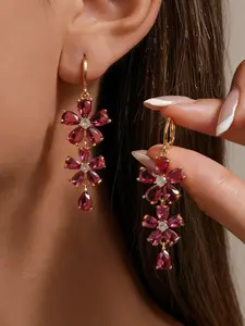 1 Pair of Fashionable Rose Red Zircon Cluster Flower Earrings, Elegant Women's Earrings Suitable for Weddings, Parties, and Dinners, Teardrop Dangle Earrings