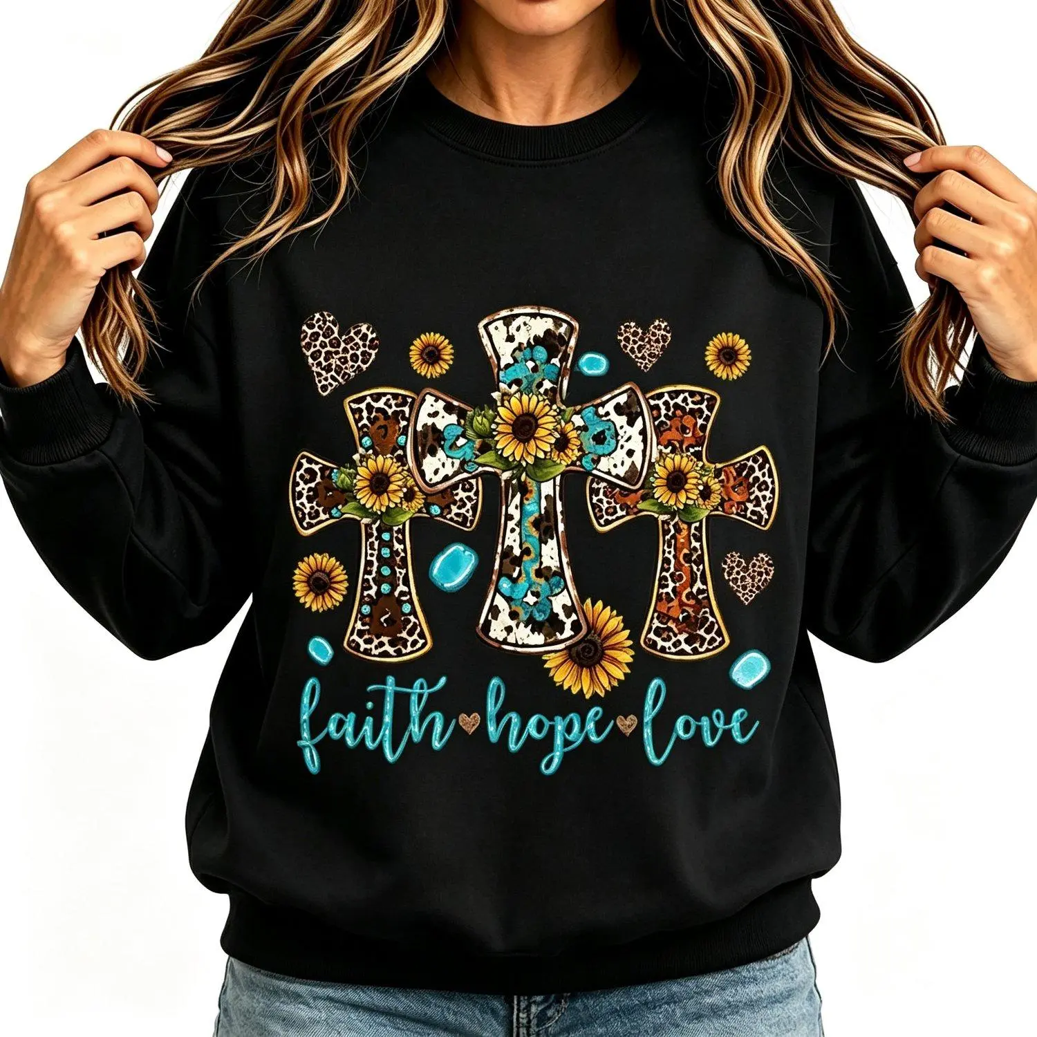 Crew neck sweatshirt with graphic print featuring cross sunflower heart and Faith Hope Love design short sleeve casual pullover top perfect for Day of the Dead Midsummer Halloween themed occasions stylish comfortable outerwear